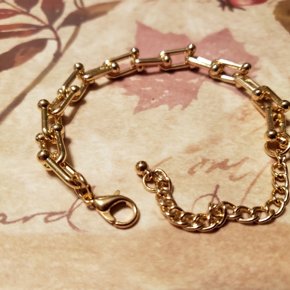 Bohemian 14k Gold Plated Chain Chunky Bracelet, U-Link Chain Bracelet - Picture 4 of 5